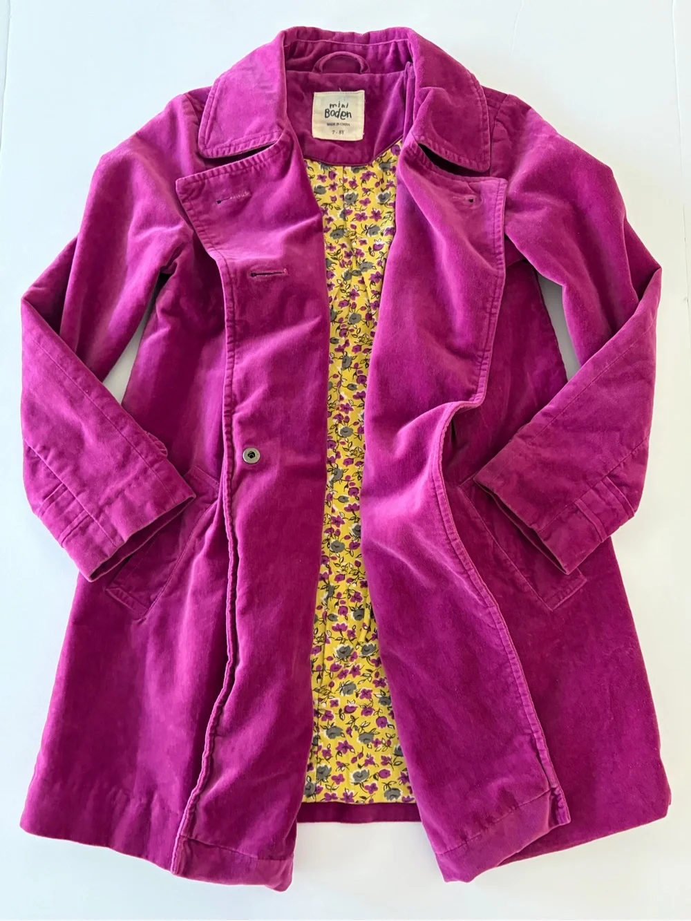 Mini Boden Magenta Velvet Jacket Girls Size 7-8 Yellow Floral Lining 100% Cotton